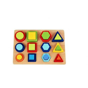 Puzzle incastru 3D 12 Forme Geometrice, 24 piese, Lemn