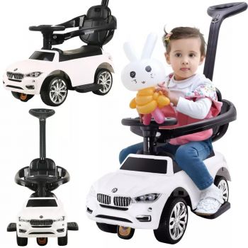 Masinuta copii fara pedale cu maner parental Nicekids White, volan cu functii muzicale, bara de protectie, suport pentru picioare, scaun confortabil cu spatar, suport pentru pahar, protectie impotriva rasturnarii, 1-3 ani