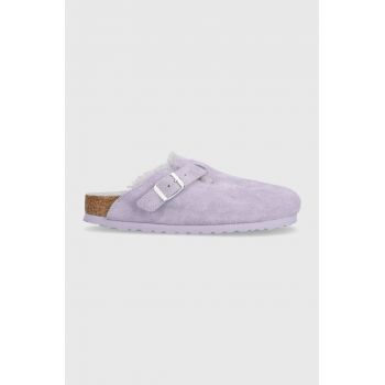 Birkenstock papuci din piele Boston femei, culoarea violet, 1023302