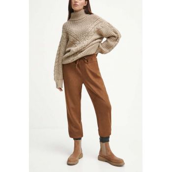 Medicine pantaloni de trening femei, culoarea maro, high waist de firma original