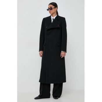 Victoria Beckham palton de lana culoarea negru, de tranzitie, cu doua randuri de nasturi