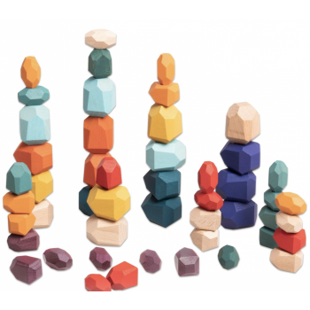 Joc Montessori Pietre colorate cu fatete pentru construit, din lemn, 36 piese