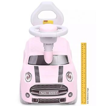 Masinuta pentru fetite Nicekids Mini Cooper Pink, fara pedale, actionata cu picioarele, spatar cu posibilitatea de impingere, protectie impotriva rasturnarii, claxon, greutate maxima admisa 25 kg