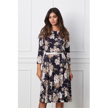 Rochie Alexa bleumarin cu imprimeu floral bej si curea in talie ieftina