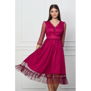 Rochie Minerva bordo cu buline catifelate la reducere