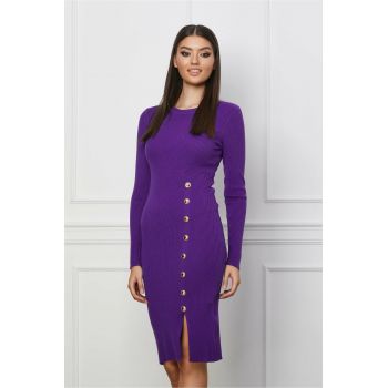 Rochie Roxana mov din tricot cu nasturi