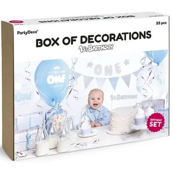 Set decoratiuni petrecere First Birthday cu 33 elemente Albastru  Argintiu