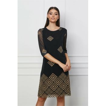 Rochie Adina neagra cu imprimeu labirint bej