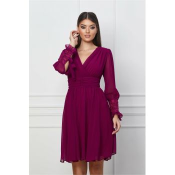 Rochie Dy Fashion bordo cu dantela la maneci
