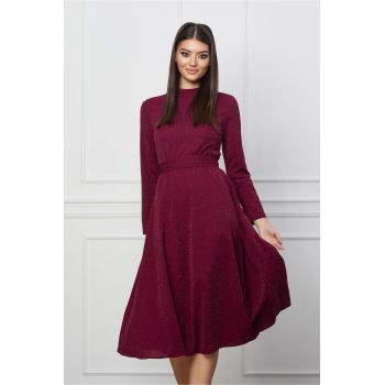 Rochie Dy Fashion bordo din lurex cu cordon in talie