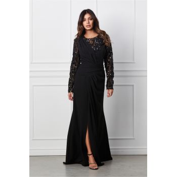 Rochie Irma lunga neagra cu paiete pe bust