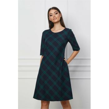 Rochie Madalina bleumarin cu carouri verzi