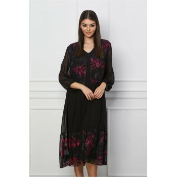 Rochie Patricia neagra cu flori magenta ieftina