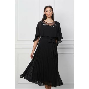 Rochie Sara neagra cu strasuri si cordon in talie