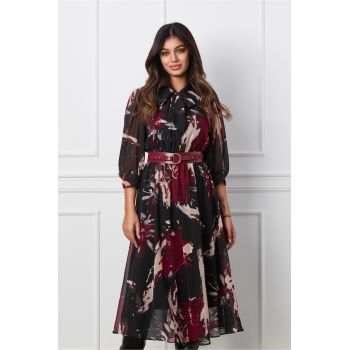 Rochie Valeria neagra cu imprimeuri magenta si curea in talie