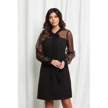 Rochie Moze neagra cu maneci din tull cu buline catifelate