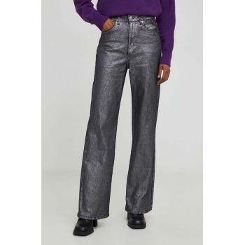Answear Lab pantaloni femei, culoarea argintiu, drept, high waist
