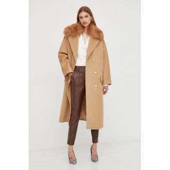 Elisabetta Franchi palton de lana culoarea bej, de tranzitie, oversize