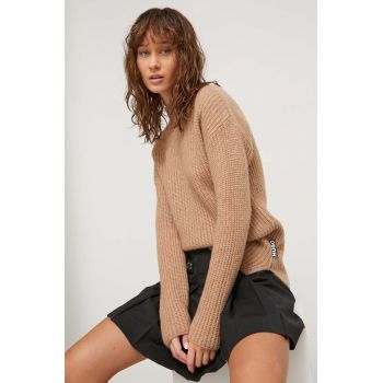HUGO pulover de lana femei, culoarea maro, cu turtleneck