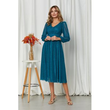 Rochie de ocazie din voal cu glitter Wilma Turcoaz ieftina