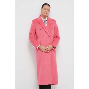 United Colors of Benetton palton din lana culoarea roz, de tranzitie, cu doua randuri de nasturi de firma original