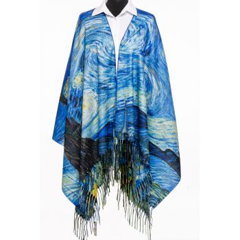 Esarfa poncho din casmir cu dubla fata, cu reproducere dupa   Noaptea Instelata   a lui Van Gogh