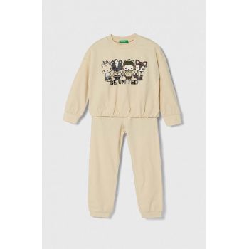 United Colors of Benetton pijama copii culoarea bej, cu imprimeu