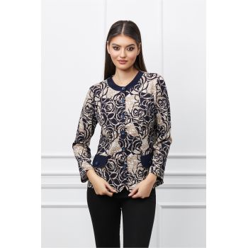 Bluza Anika bej cu imprimeu bleumarin si nasturi