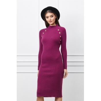 Rochie Betty magenta din tricot reiat cu nasturi la bust