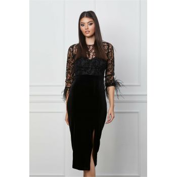 Rochie Moze neagra din catifea cu dantela la bust