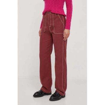 United Colors of Benetton pantaloni de bumbac culoarea bordo, drept, high waist