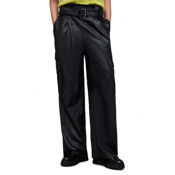 AllSaints pantaloni de piele Harlyn femei, culoarea negru, lat, high waist