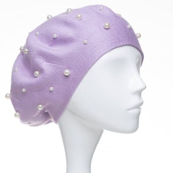 Bereta lila clasica, cu perle fine aplicate pe toata suprafata, din bumbac si lana de firma original