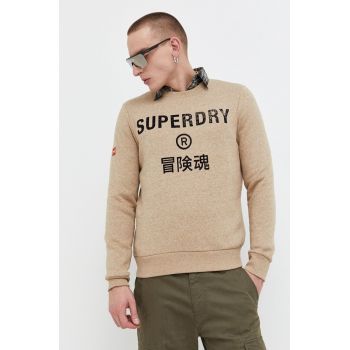 Superdry bluza barbati, culoarea bej, cu imprimeu ieftin