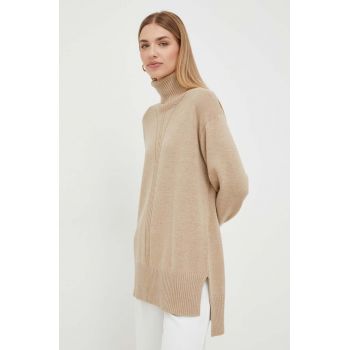 Trussardi pulover din amestec de lana femei, culoarea bej, light, cu guler de firma original