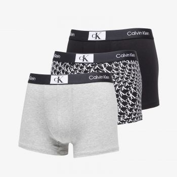 Calvin Klein 96 Cotton Trunk 3-Pack Black/ Grey Heather/ Warped Logo Print Black la reducere