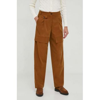 Sisley pantaloni femei, culoarea maro, lat, high waist