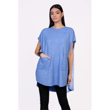 Bluza Mona tip poncho albastru din tricot cu buzunare