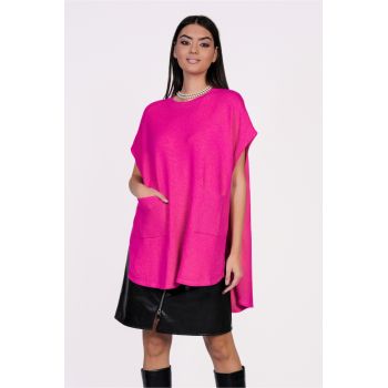 Bluza Mona tip poncho fucsia din tricot cu buzunare