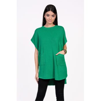 Bluza Mona tip poncho verde din tricot cu buzunare la reducere