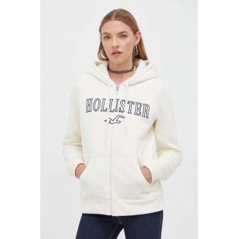 Hollister Co. bluza femei, culoarea bej, cu glugă, cu imprimeu