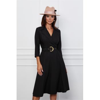 Rochie Simona neagra clos cu rever si curea in talie