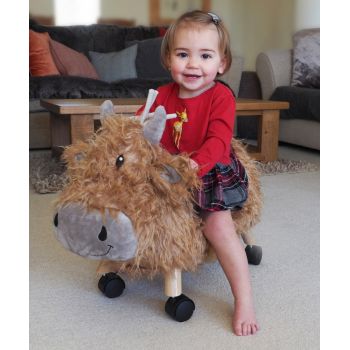 Ride-On animal toy vacuta Hubert Highland pentru copii Little Bird Told Me, cu roti multidirecionale, scaun stilizat din imitaie de piele artificiala, cadru din lemn masiv, de la 12 luni pana la 20 kg