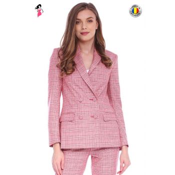 Sacou casual cu imprimeu carouri roz