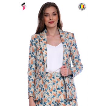 Sacou casual elegant bej cu imprimeu frunze si flori