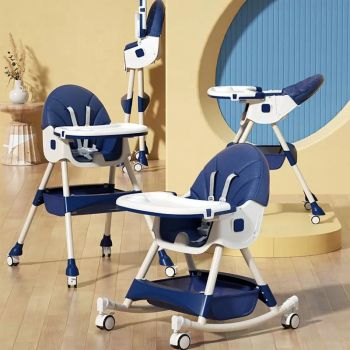 Scaun de masa pliabil pentru bebelusi Little 3 in 1 Funny Dark Blue cu roti si functie de balansoar, multifunctional, centura de siguranta 5 Puncte, ajustabil pe inaltime, cos de depozitare, husa detasabila
