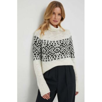 Sisley pulover din amestec de lana femei, culoarea bej, cu guler