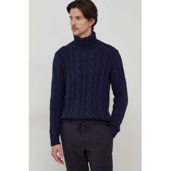 United Colors of Benetton pulover din amestec de lana barbati, culoarea albastru marin, călduros, cu guler de firma original