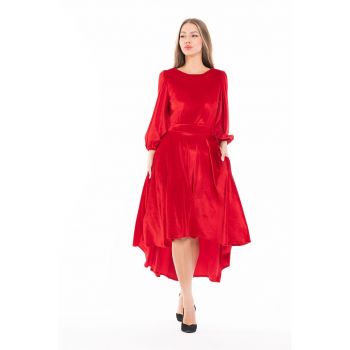 Rochie catifelata asimetrica cu maneci bufante