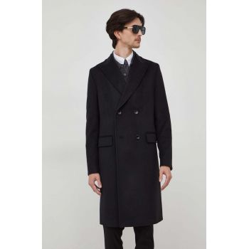 BOSS palton de lana culoarea negru, de tranzitie, cu doua randuri de nasturi de firma original